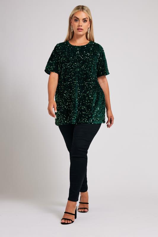 YOURS LONDON Plus Size Emerald Green Velvet Sequin Top | Yours Clothing  4