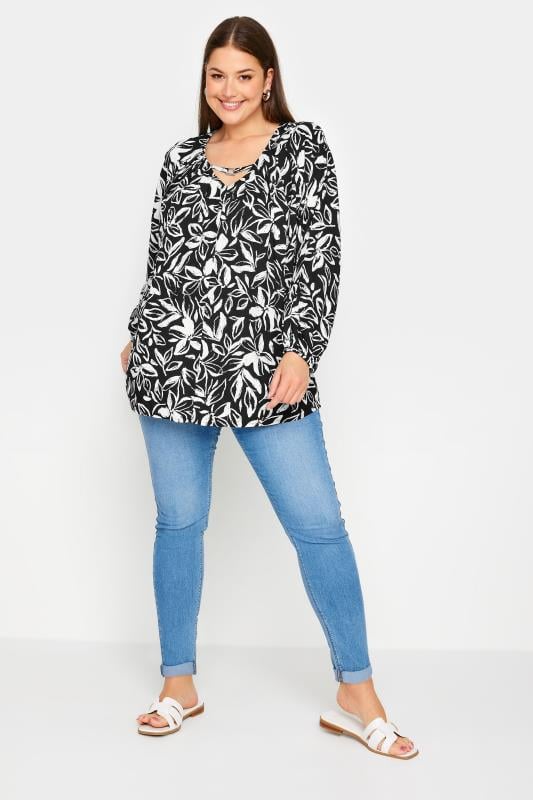 YOURS Plus Size Black Floral Print Balloon Sleeve Blouse | Yours Clothing  2