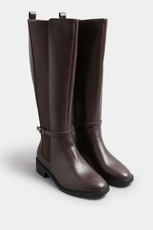 Brown Faux Leather Buckle Knee High Riding Boots In Extra Wide EEE Fit | Yours Clothing 1