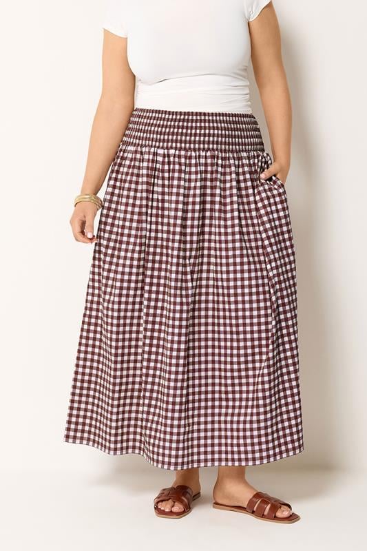  YOURS Curve Burgundy Red Gingham Maxi Skirt