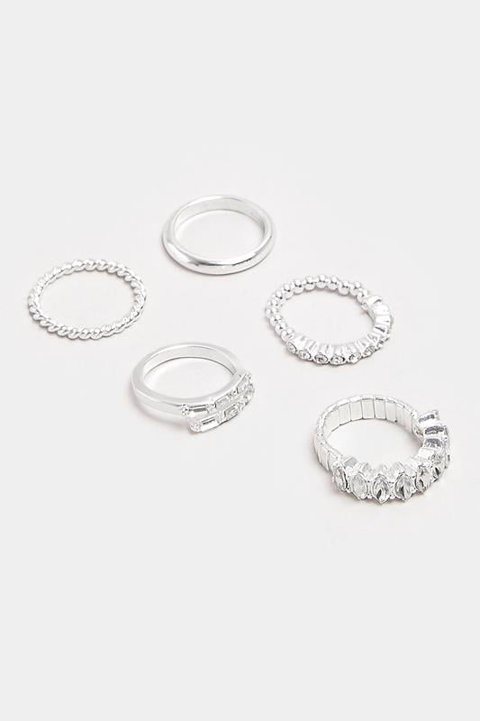 5 Pack Silver Tone Mixed Diamante Ring Set | Yours Clothing 2