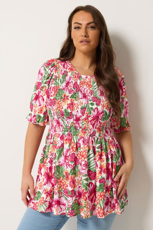 YOURS Plus Size Pink Floral Shirred Puff Sleeve Top |  Yours Clothing 1