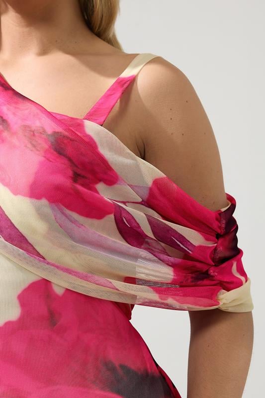 YOURS LONDON Plus Size White Blurred Floral Drape Shoulder Dress | Yours Clothing 4