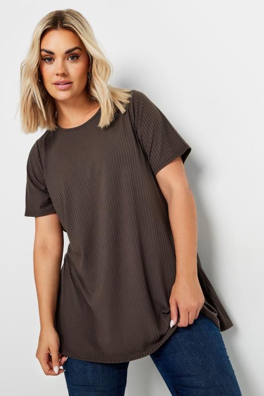 Plus Size  YOURS Curve Chocolate Brown Ribbed T-Shirt