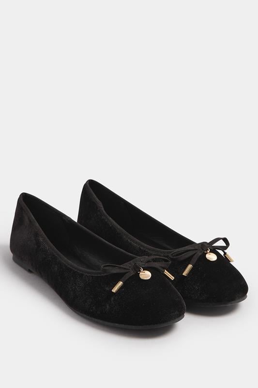 LTS Black Velvet Bow Ballerina Pumps In Standard Fit