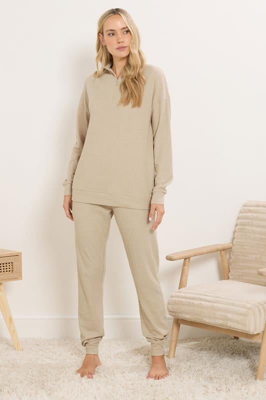 LTS Tall Beige Brown Waffle Quarter Zip Lounge Top | Long Tall Sally 1