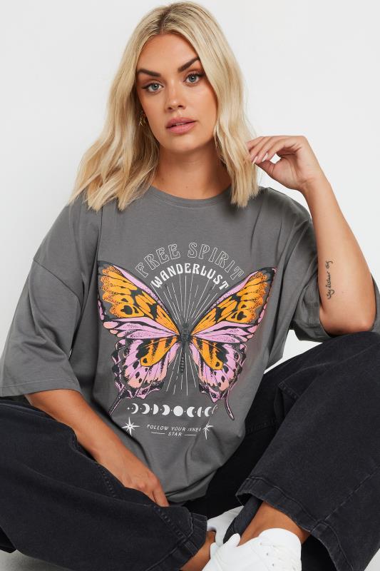 YOURS Plus Size Grey 'Free Spirit' Slogan Oversized T-Shirt | Yours Clothing 2