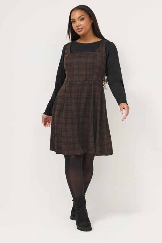 YOURS Plus Size Chocolate Brown Check Pinafore Dress | Yours Clothing 1