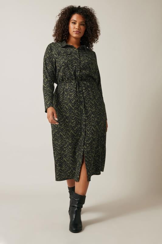 Plus Size  EVANS Curve Khaki Green Abstract Print Crepe Midi Dress