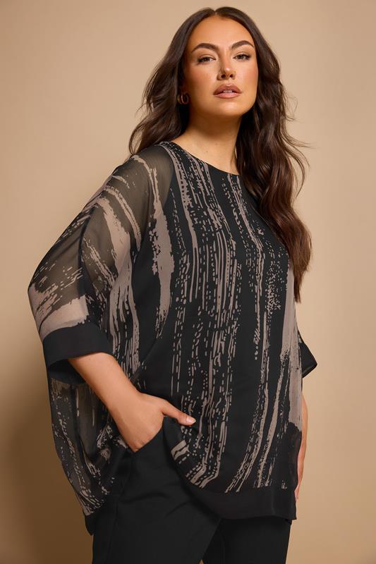 Plus Size  EVANS Curve Black & Brown Smudge Print Cape Top