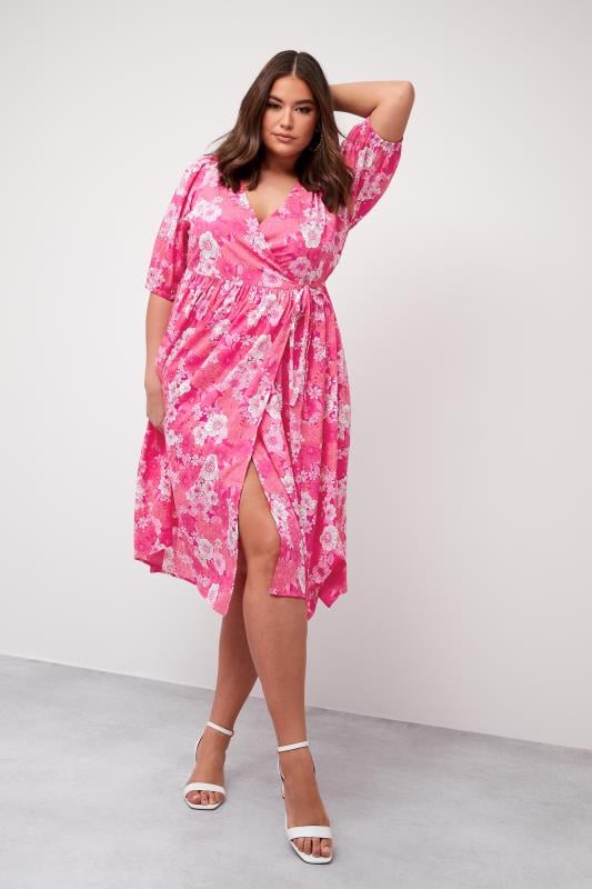 LIMITED COLLECTION Curve Plus Size Pink Floral Wrap Midaxi Dress | Yours Clothing  6