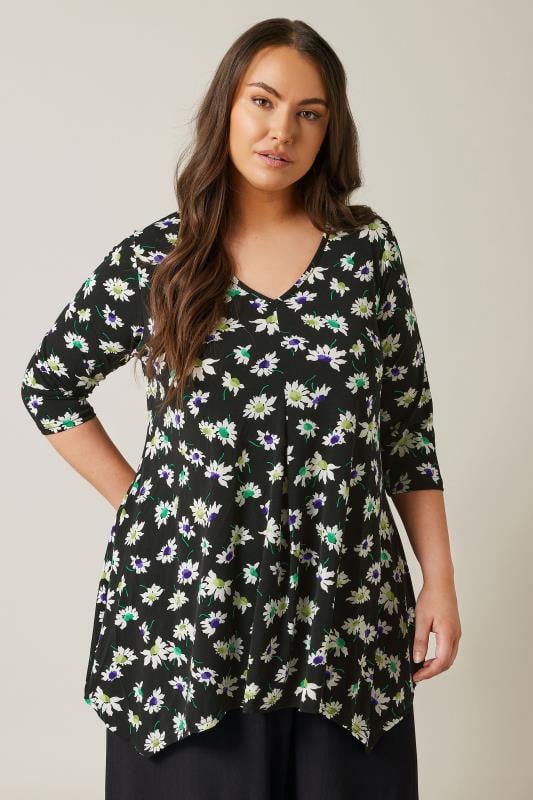 Plus Size  EVANS Curve Black Floral Print Hanky Hem Top