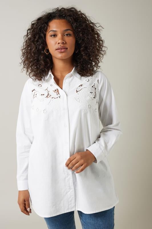Plus Size  EVANS Curve White Embroidered Floral Shirt