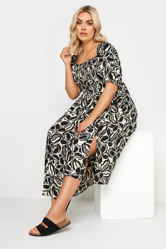YOURS Plus Size Black Abstract Floral Print Shirred Midi Dress | Yours Clothing 2