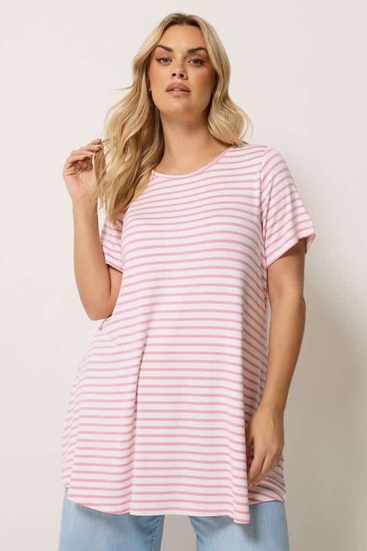 YOURS Curve Pink Stripe Swing Crew Neck Top