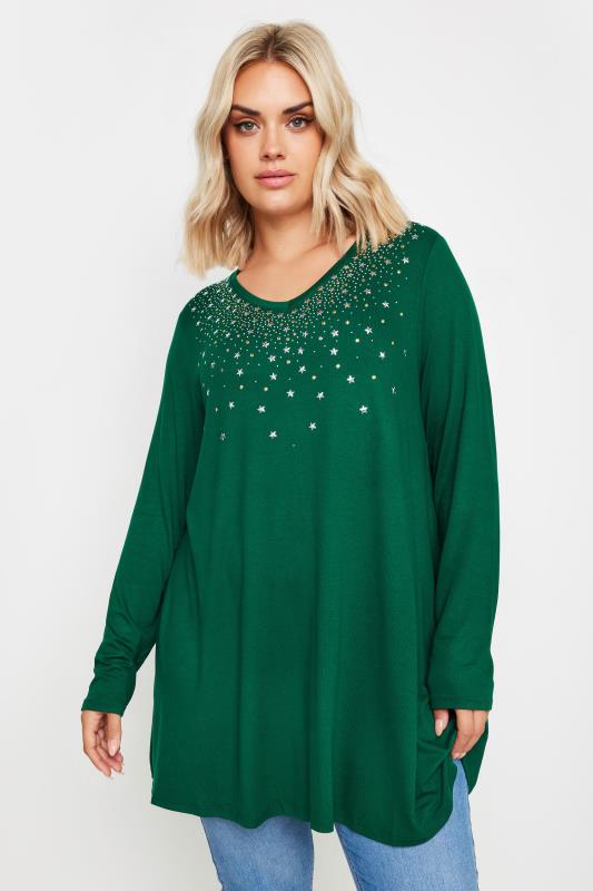 YOURS Plus Size Green Star Stud Embellished Swing Top | Yours Clothing 1