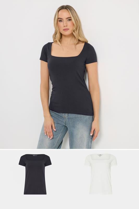 LTS Tall 2 PACK Navy Blue & White Fitted Square Neck Tops