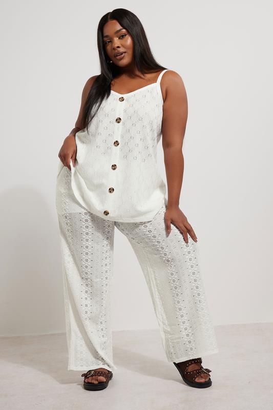 YOURS Plus Size White Broderie Anglaise Button Vest Top | Yours Clothing 2