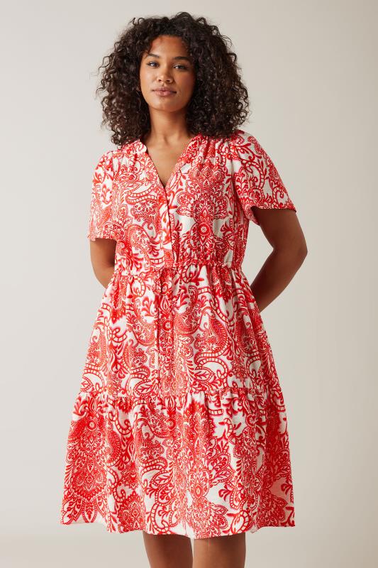 Plus Size  EVANS Curve Red Paisley Print Midi Shirt Dress