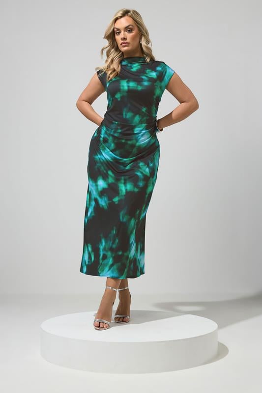 YOURS LONDON Plus Size Teal Blue Abstract Drape Dress | Yours Clothing 1