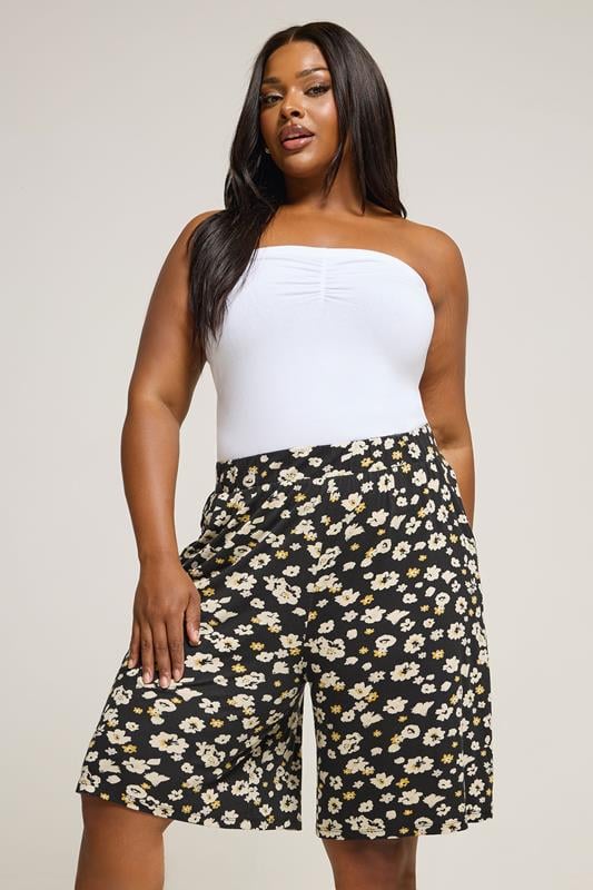 YOURS Plus Size Black & Yellow Floral Jersey Shorts | Yours Clothing 1