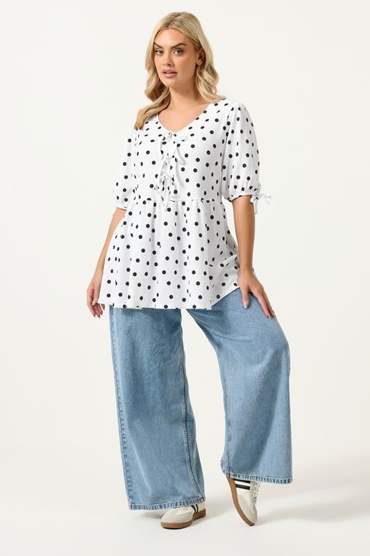 YOURS  Plus Size White Polka Dot Bow Front Peplum Top | Yours Clothing 2
