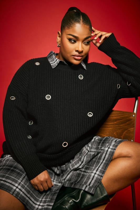 YOURS Plus Size Black Eyelet Knit Jumper | Yours Clothing 1