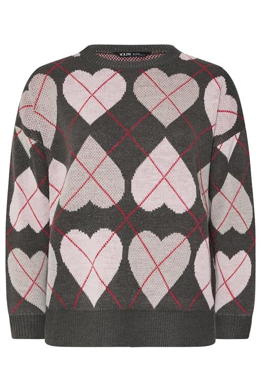 YOURS Plus Size Grey Argyle Heart Knit Jumper | Yours Clothing 5