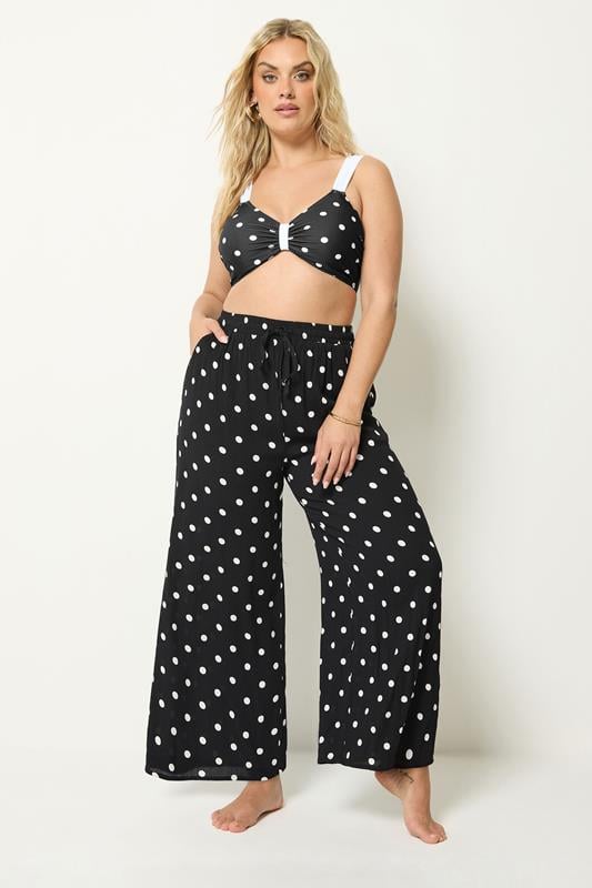  YOURS Curve Black Polka Dot Crinkle Beachwear Wide Leg Trousers