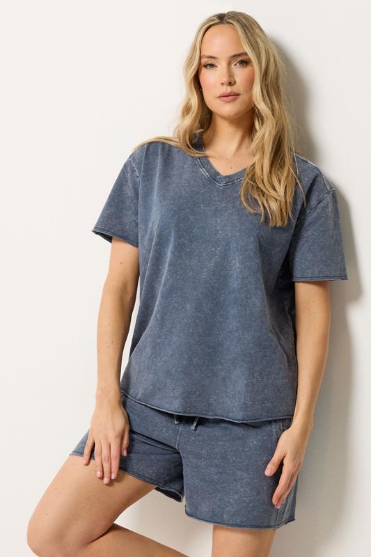 LTS Tall Set Navy Blue Acid Wash T-Shirt & Shorts
