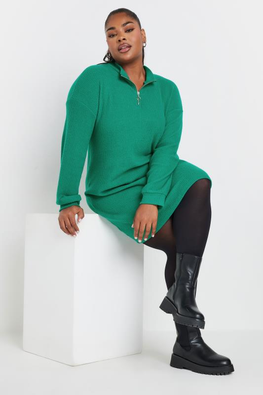 YOURS Plus Size Green Zip Neck Soft Touch Jumper Dress | Yours Clothing 2