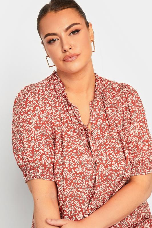 YOURS Plus Size Red Floral Print Tie Neck Blouse | Yours Clothing 4