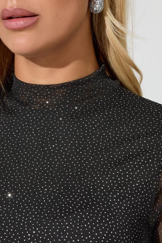YOURS LONDON Plus Size Black Glitter Long Sleeve Mesh Top | Yours Clothing 5