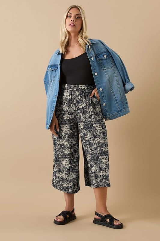 YOURS Plus Size Blue & Natural Abstract Print Midaxi Culottes | Yours Clothing 2