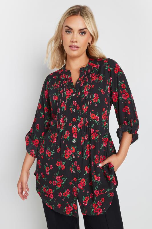 YOURS Plus Size Black & Red Floral Print Sequin Embellished Pintuck Blouse | Yours Clothing 1