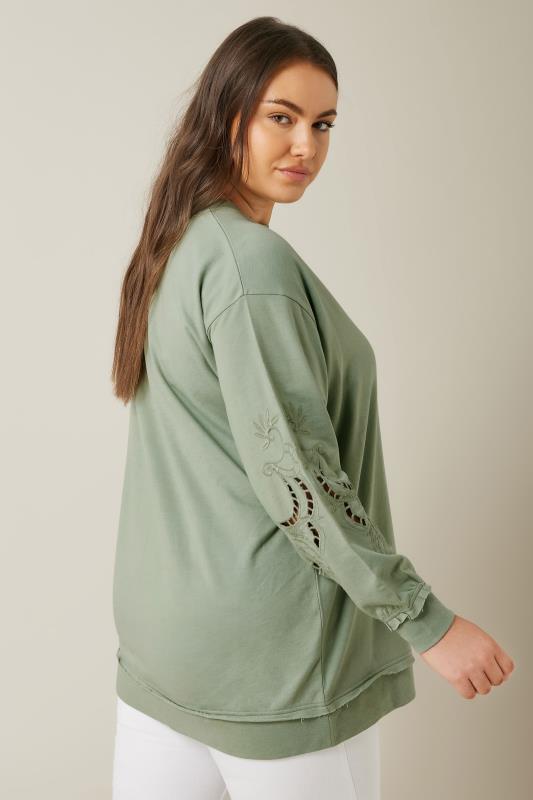 EVANS Plus Size Sage Green Cutwork Crew Neck Sweatshirt | Evans 3