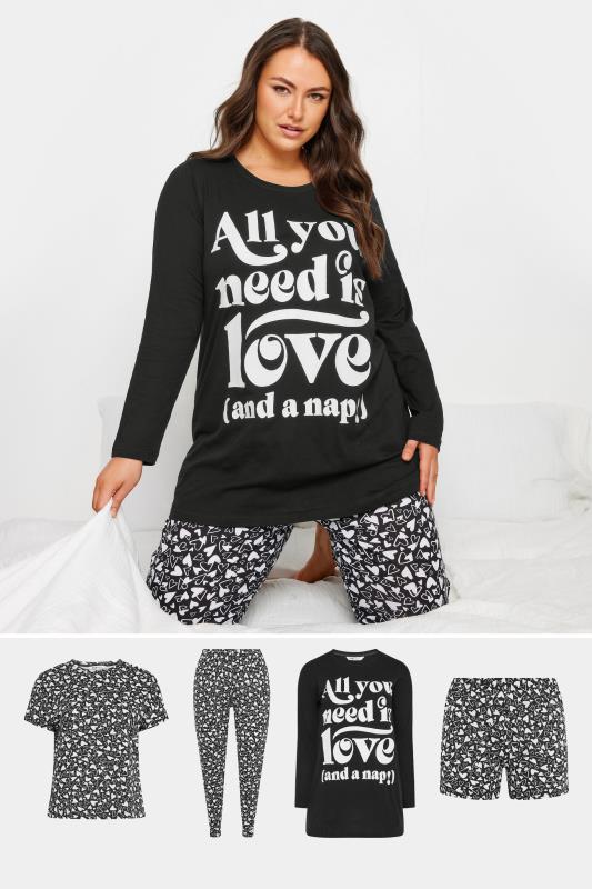 YOURS 4 PACK Plus Size Black 'All You Need Is Love' Pyjama Set | Yours Clothing 1