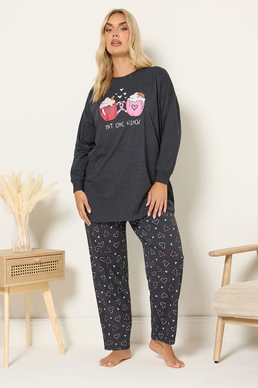 YOURS Plus Size Charcoal Grey 'Hot Choc O'clock' Wide Leg Pyjama Set | Yours Clothing 1