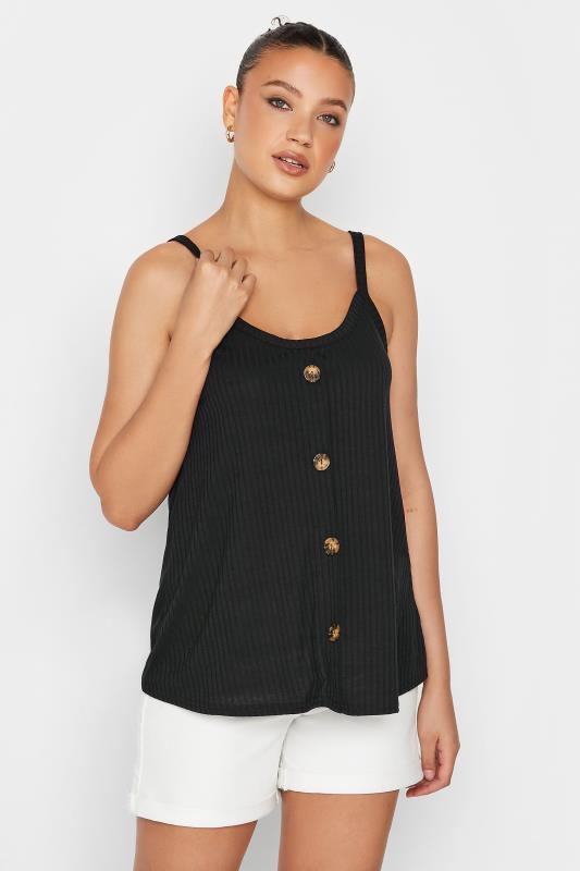 Tall  LTS Tall Black Ribbed Button Cami Vest Top