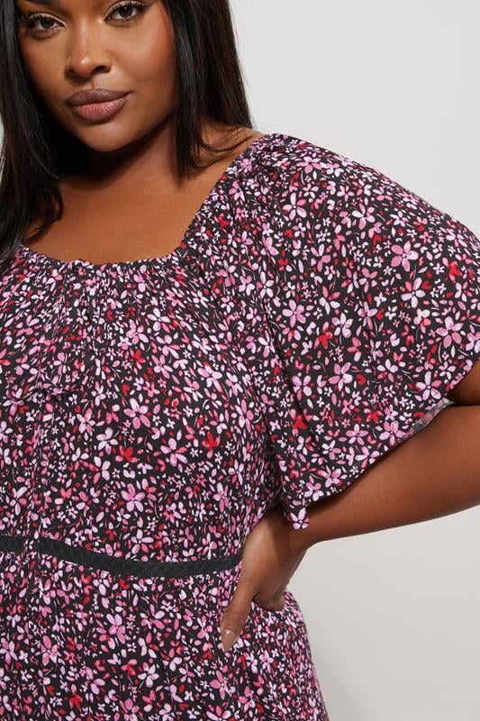 YOURS Plus Size Pink Ditsy Floral Print Tie Neck Mini Dress | Yours Clothing 4