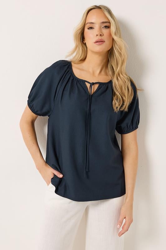  LTS Tall Navy Blue Tie Front Linen Blouse