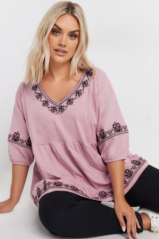 YOURS Plus Size Pink Embroidered Floral Smock Top | Yours Clothing  2