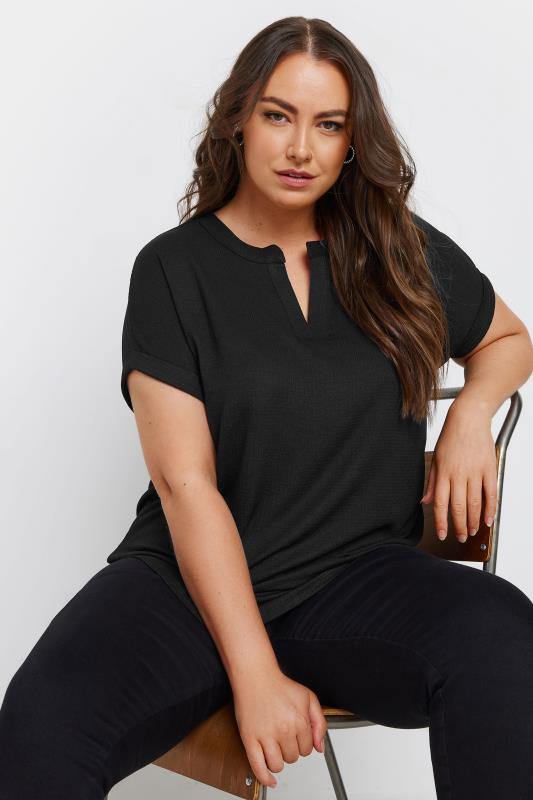 YOURS Plus Size Black Textured Notch Neck Top | Yours Clothing 1