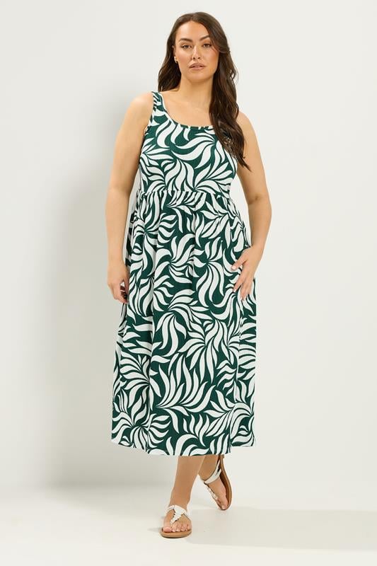 YOURS Curve Green Abstract Leaf Smock Dress