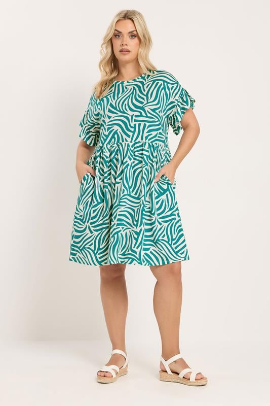  YOURS Curve Turquoise Green Abstract Frill Sleeve Tunic Dress