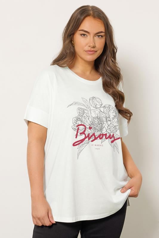 Plus Size  EVANS Curve Ivory White Floral Beaded Slogan T-Shirt
