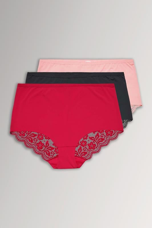  YOURSET 3 PACK Curve Red & Black Lace Back High Waisted Knickers