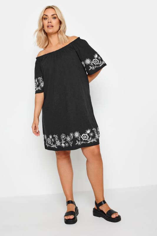 YOURS Plus Size Black Embroidered Bardot Midi Dress | Yours Clothing 2