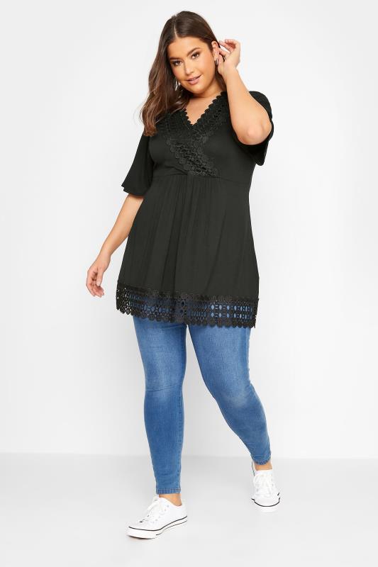 YOURS Plus Size Black Crochet Trim Peplum Tunic Top | Yours Clothing 2