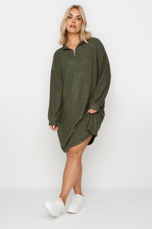 YOURS Plus Size Khaki Green Soft Touch Zip Neck Jumper Dress | Yours Clothing 1